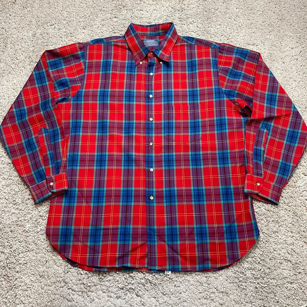 Pendleton Vintage Plaid 100% Wool Red Blue Plaid Flannel USA Mens XL